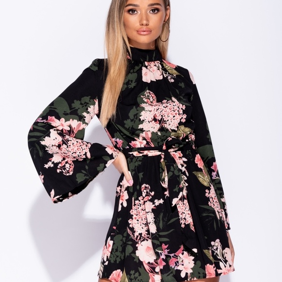 Floral Flare Sleeve Self Belt Mini Dress - Picture 1 of 8